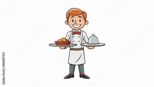 Donning a crisp white apron and a friendly smile the caddy at the fancy restaurant gracefully navigated between tables carrying a large tray filled. Cartoon Vector.