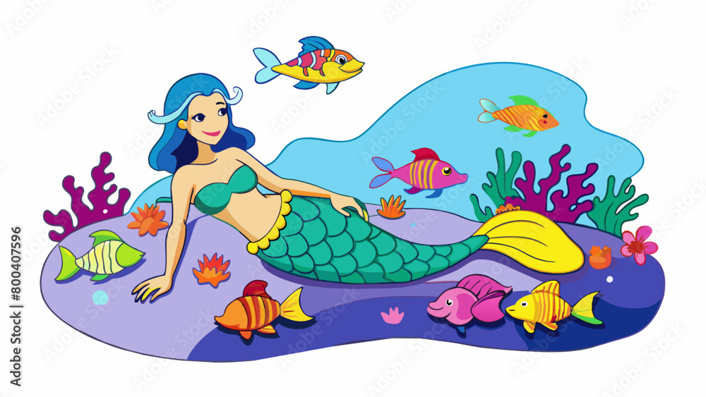 In the depths of the ocean a mermaid lounges on a bed of vibrant coral. As she sings a sweet melody schools of colorful fish swirl around her. Cartoon Vector.