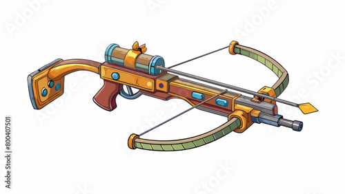 Imagine a handheld device that resembles a mix between a bow and a rifle. The front end has a short wide bow with an arrow knocked on the string while. Cartoon Vector.