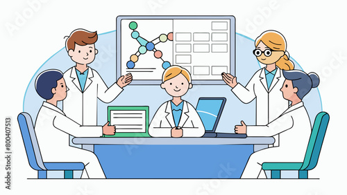 In a research facility a group of geneticists are sitting at a conference table looking at a computer screen with a DNA sequence displayed. They all. Cartoon Vector.