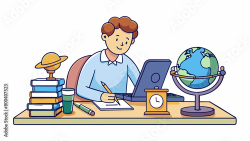 In a dark dimly lit room an Astronomer sits at a desk filled with stacks of papers and books scribbling calculations and notes in a worn notebook. On. Cartoon Vector.