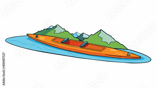 In a serene mountain lake a kayak floats gently with the current. Its curved sides and narrow frame allow the paddler to weave effortlessly between. Cartoon Vector.