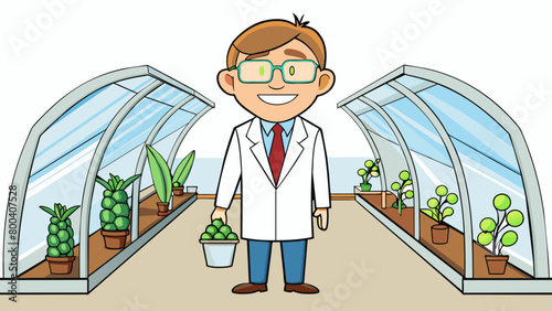 In a greenhouse a geneticist is surrounded by a variety of plants that have been genetically modified to exhibit certain traits such as larger fruits. Cartoon Vector.