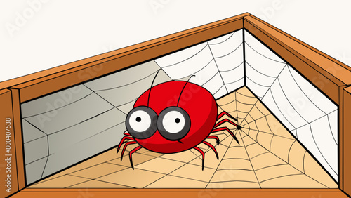 In the corner of the dusty attic sat a dusty old cobweb home to a lone red and black striped spider. It sat patiently waiting for its next. Cartoon Vector.