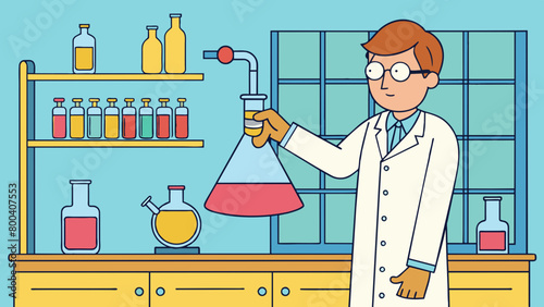 In a clean and wellorganized laboratory a chemist is standing at a fume hood carefully pouring a liquid from a large bottle into a smaller flask. The. Cartoon Vector.