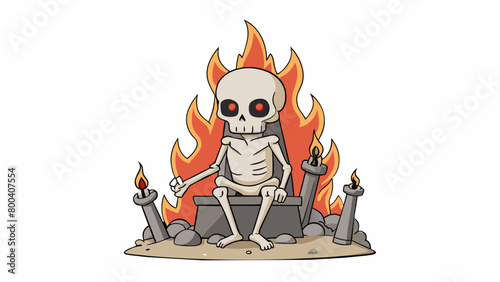 In a desolate wasteland a lone figure sits atop a throne made of human bones. His skin is pale and his eyes glow with a fiery intensity as he. Cartoon Vector.