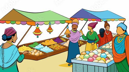 In the citys bustling market merchants peddle unique items such as intricately crafted seashell jewelry luminous pearls and exotic es from faroff. Cartoon Vector.