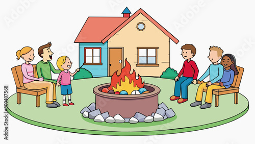 In the backyard of a suburban home a family gathers around a fire pit in their deck. The flames are contained in a metal bowl and colorful stones are. Cartoon Vector.