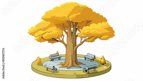 In the heart of a lush forest a towering tree with golden leaves and silver bark stands tall. Its branches stretch wide providing shade for a peaceful. Cartoon Vector.