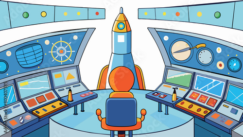 In the pit of the rocket ship the control panel was a labyrinth of buttons switches and screens. The pilots sat in hightech seats sped in tightly with. Cartoon Vector.