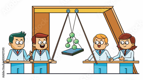 In the science classroom a wooden pendulum is set up with a heavy metal bob at the bottom. As the pendulum swings students observe its period or the. Cartoon Vector.