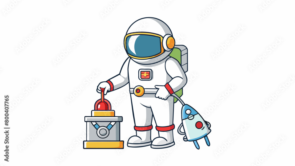 Obraz premium Outside the spacecraft the astronaut secures their tools and equipment onto their utility belt before starting a spacewalk. Their white suit is. Cartoon Vector.