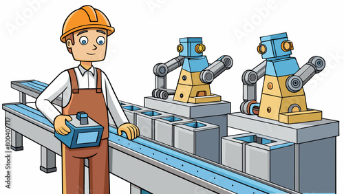 On the factory floor the engineer observed the large conveyor belt system. They made sure each machine was functioning properly and that the robots. Cartoon Vector.