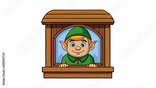 On the windowsill of a cozy woodland cottage sits a small wooden carving of an elf. Delicate features and a mischievous grin give the figure a. Cartoon Vector.