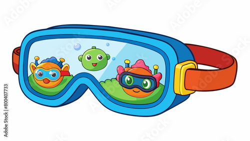 Next we have a pair of swim goggles specifically designed for children. They are brightly colored with fun cartoon characters on the sides. The lenses. Cartoon Vector.