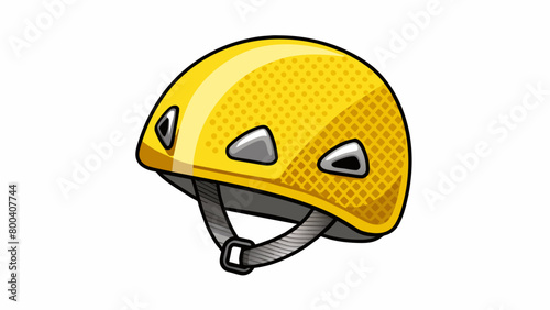 Made for the most extreme climbs the bright yellow climbing helmet has a reinforced carbon fiber shell and multidirectional impact protection system. Cartoon Vector.