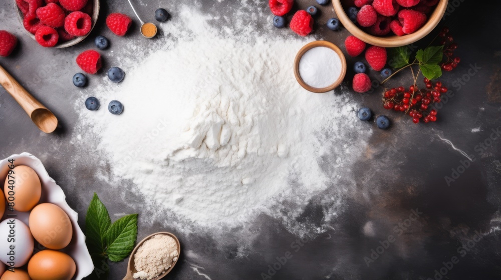 An overhead view of baking ingredients and a variety of bright berries scattered on a dark, textured surface An overhead view of baking ingredients and a variety of bright berries scattered on a dark, textured surface