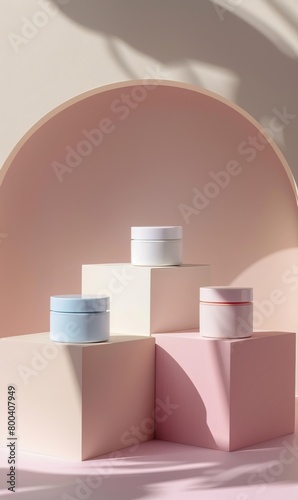 Minimalist product display featuring pastel-colored blocks and skincare containers against a soft pink backdrop