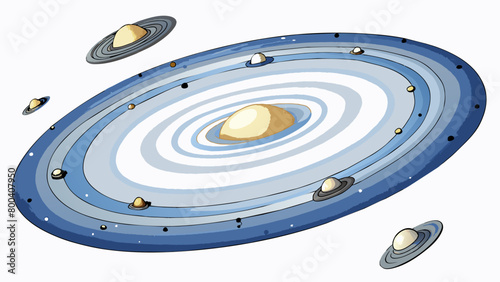 Surrounding the center of a Galaxy there may be multiple smaller satellite galaxies. These galaxies are drawn towards the larger Galaxy and eventually. Cartoon Vector.