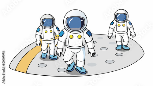 The astronauts carefully stepped out of the lander their bulky white spacesuits contrasting against the dark void of space. Their boots left deep. Cartoon Vector.