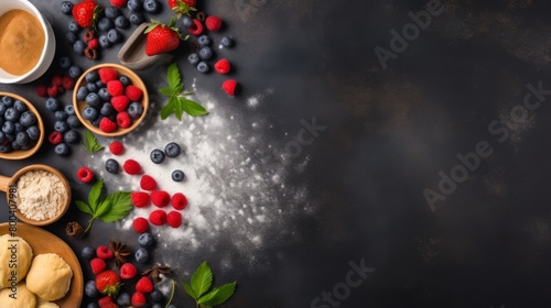 A mix of fresh berries and baking ingredients positioned thoughtfully on the left side of a dark surface