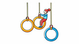 The gymnastics rings are made of sy plastic and are carefully positioned at the end of a long rope that hangs from a tall beam. As the gymnast jumps. Cartoon Vector.