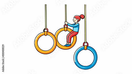 The gymnastics rings are made of sy plastic and are carefully positioned at the end of a long rope that hangs from a tall beam. As the gymnast jumps. Cartoon Vector.