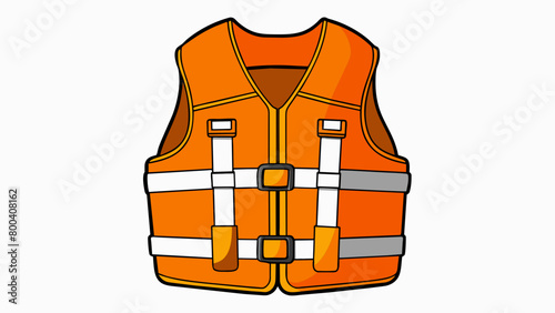 The life jacket is a bright orange vest with adjustable ss on the front and sides. It also has a large collar to keep the wearers head above water in. Cartoon Vector.
