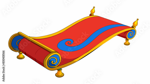 The magic carpet was a large plush rug with intricate swirling patterns in vibrant hues of red gold and blue. Its edges were lined with golden tassels. Cartoon Vector.