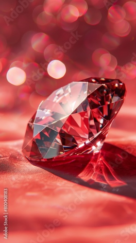 Large diamond on a reflective red surface with sparkling bokeh