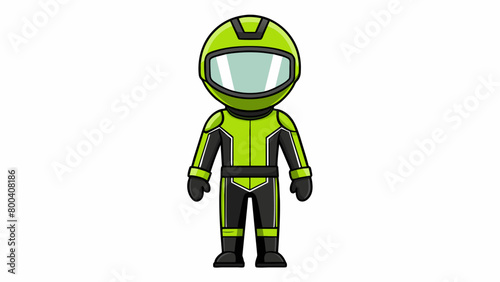 The miniature driver is decked out in a neon green and black jumpsuit with a futuristic design. The suit has a high collar and is made of a. Cartoon Vector.