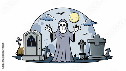 The old graveyard was shrouded in mist and the full moon cast an ominous glow on the headstones. Suddenly a figure appeared its body completely. Cartoon Vector.