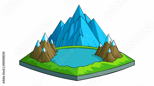 The steep and jagged sides of the mountain seem to reach up towards the heavens creating a striking contrast to the calm blue waters of the lake at. Cartoon Vector.