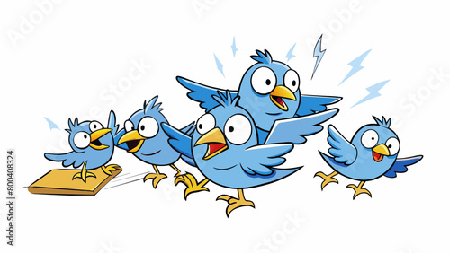 The sudden thunderclap startled the birds from their perches causing them to take flight in a flurry of wings and panicked chirps.  on white. Cartoon Vector.
