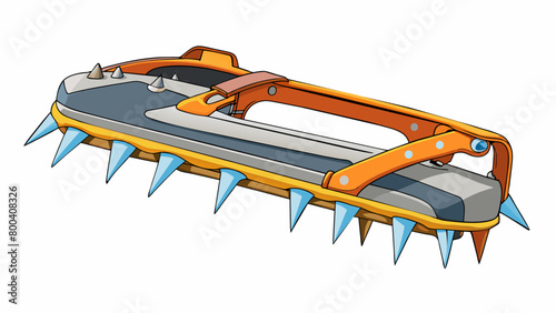 The third crampon is perfect for winter hiking with its flexible frame and shorter blunted spikes. It has a center bar that can be adjusted for. Cartoon Vector. photo