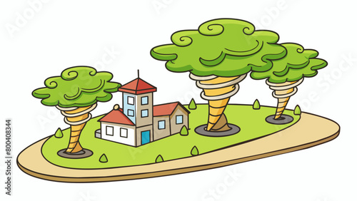 The tornados presence was a force to be reckoned with leaving behind a trail of uprooted trees and flattened buildings. The roar of the wind was. Cartoon Vector.