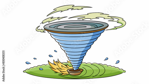 The tornados visible funnel was a terrifying sight with its spinning vortex of wind and debris. Its powerful winds tore through the countryside. Cartoon Vector.