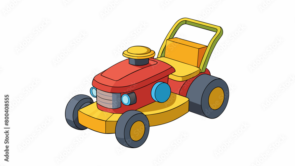 This toy lawn mower is made of durable yellow and red plastic and resembles a rideon tractor. It has a small steering wheel and a seat for the child. Cartoon Vector. This toy lawn mower is made of durable yellow and red plastic and resembles a rideon tractor. It has a small steering wheel and a seat for the child. Cartoon Vector.