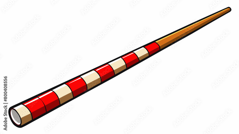 This snooker cue has a classic design featuring a vibrant red and white stripe along its length. The handle is wrapped tightly with a black grip. Cartoon Vector.