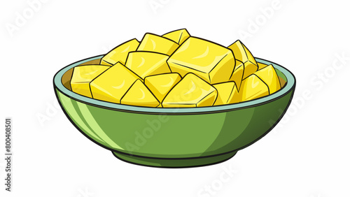 This illustration features a bowl filled with chunks of fresh pineapple. The fruits is a pale creamy yellow with a juicy and succulent texture. The. Cartoon Vector.