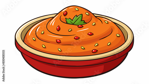 This hummus is a hearty rustcolored paste with a bold flavor of roasted red peppers. It is adorned with a sprinkle of zaatar seasoning and a handful. Cartoon Vector.