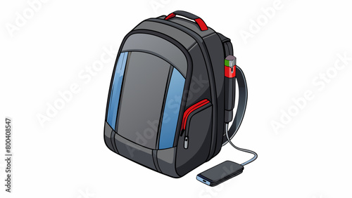 This sleek black backpack is made with waterproof material and has a builtin USB charging port. It also has a hidden antitheft pocket and a padded. Cartoon Vector.