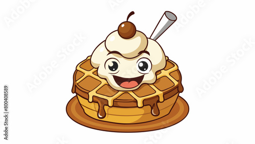 Topped with a scoop of vanilla ice cream and smothered in warm chocolate syrup Waffle is a decadent dessert that satisfies any sweet tooth.  on. Cartoon Vector.