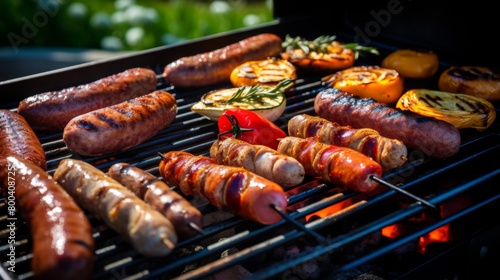 Sausages sizzle beside yellow peppers and onions on a sunlit barbecue grill outdoors