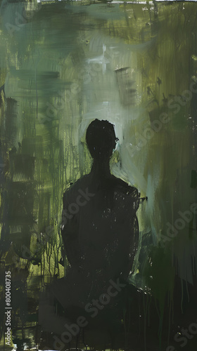 A minimalist portrait painting featuring a single figure in a calm and contemplative pose.