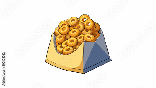 A bag of small crispy circles that resemble tiny donuts. The circles are tan in color with a sugary glaze and have a satisfying crunch when eaten with. Cartoon Vector.