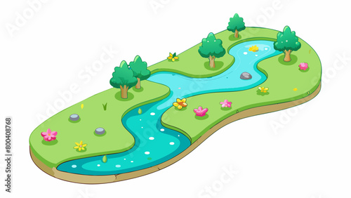 A babbling brook that seems to sing as it winds through the forest its water a vibrant shade of turquoise and dotted with bright glowing flowers. . Cartoon Vector.