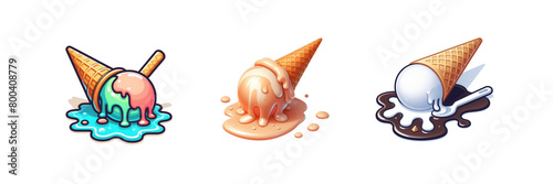 Set of Melted ice cream and cone on the floor flat icon, illustration, isolated over on transparent white background © Mithun