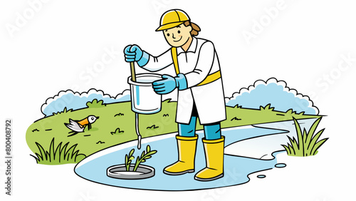 A biologist is standing kneedeep in a stream carefully collecting water samples in a glass jar. The jar is labeled with the date and location and the. Cartoon Vector.