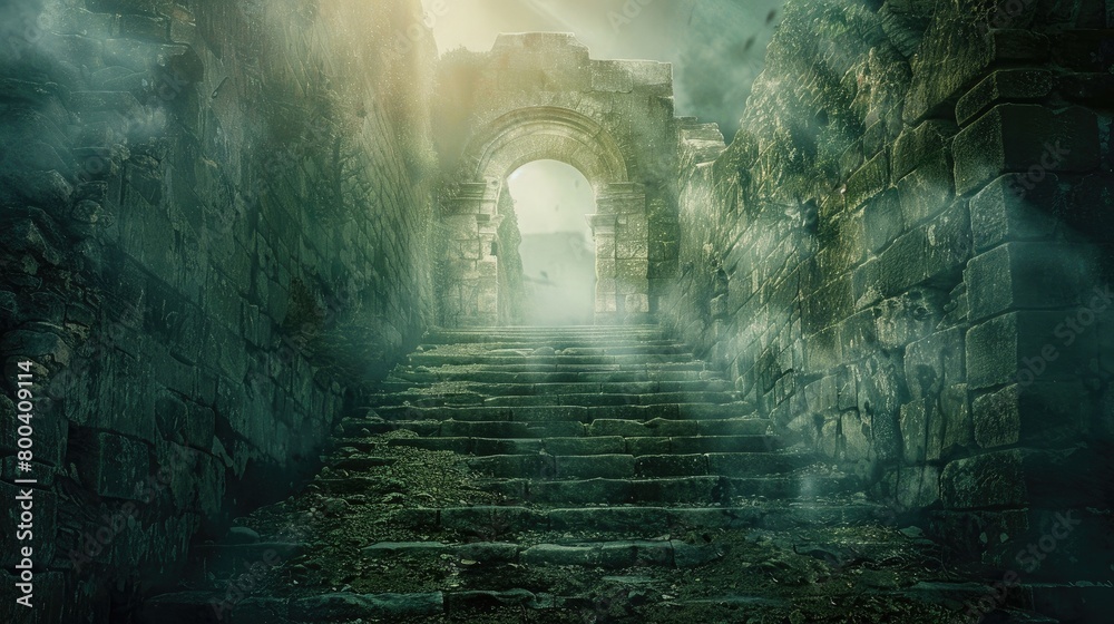 A mystical pathway through ancient ruins, hinting at the passage of time and the eternal nature of the soul on Ascension Day. 